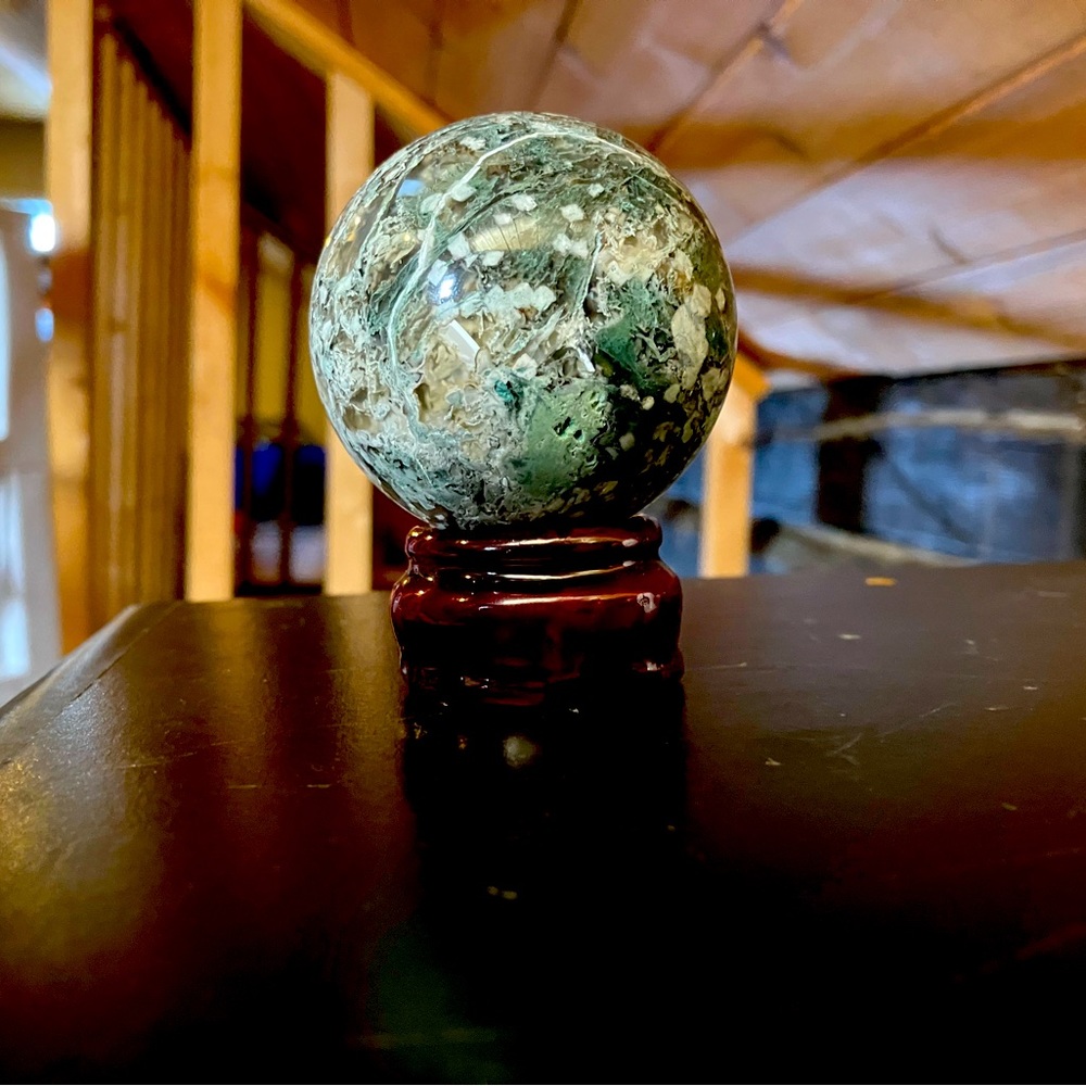 Moss agate crystal sphere